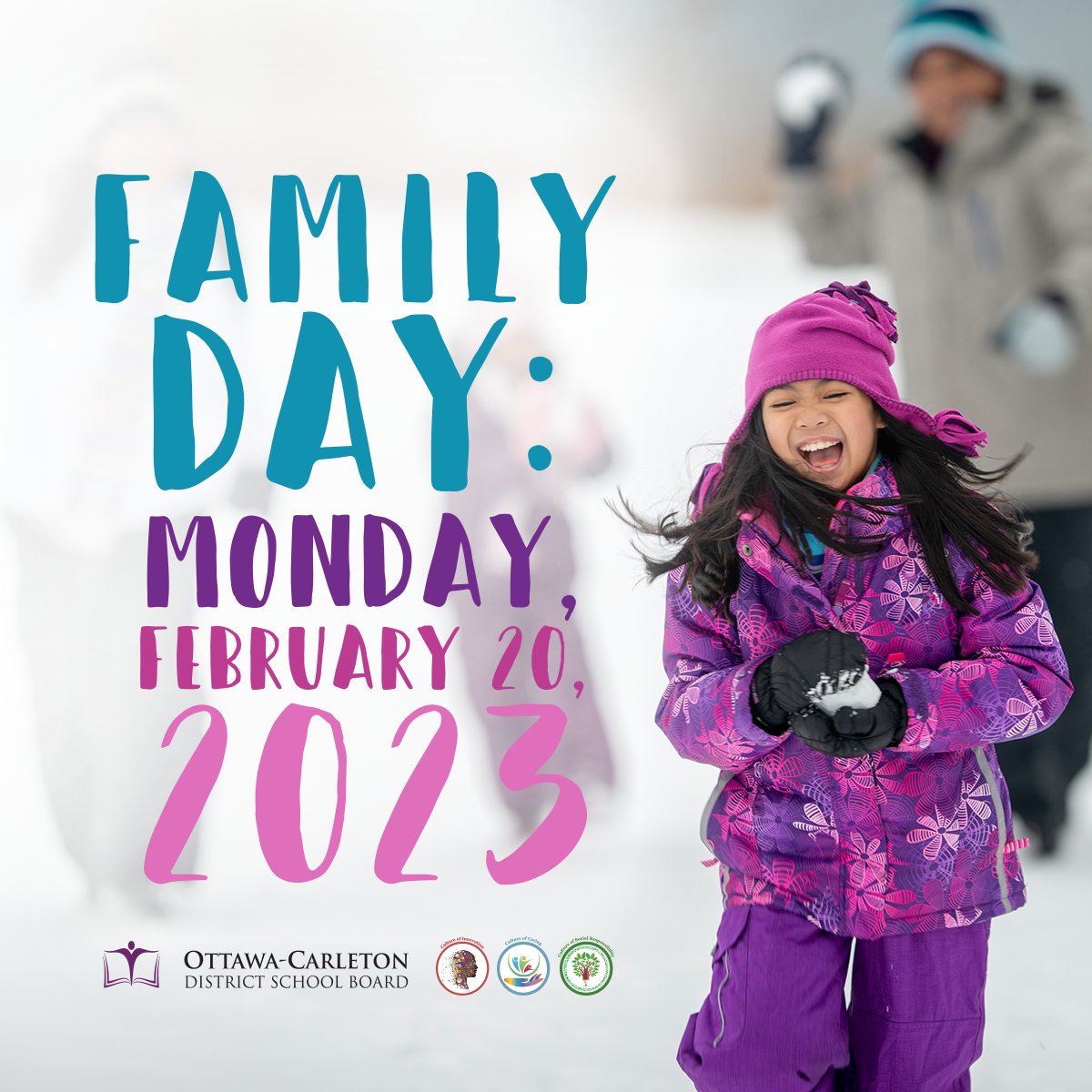 A reminder that Family Day is Monday, February 20, 2023. There will be no school for elementary or secondary students on this day, and schools and administrative sites will be closed.