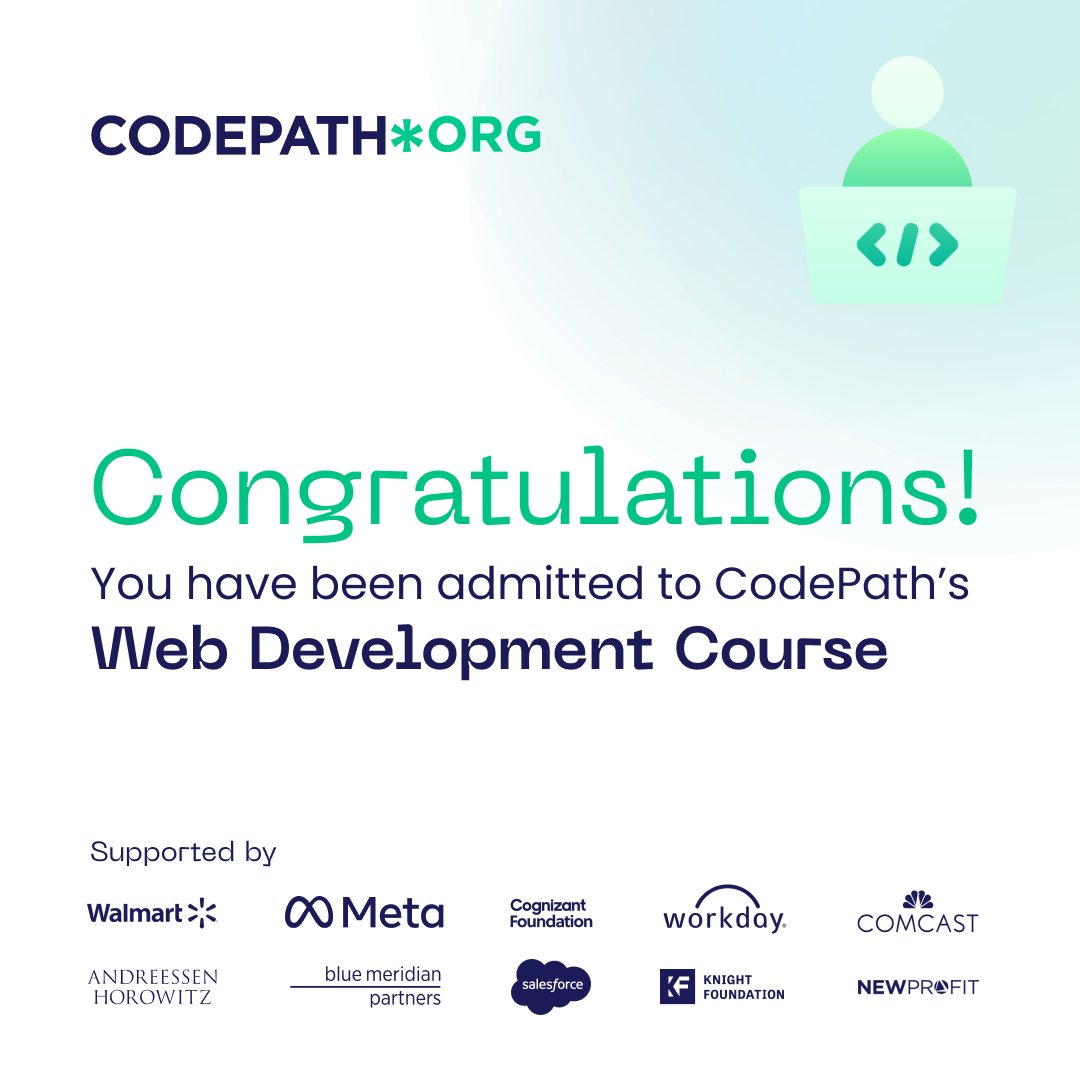 DoingCoding's tweet image. I have been admitted into CodePath’s Web Development course for the spring!  I’m excited to learn how to build a dynamic website that pulls in real data from publicly available APIs. 🎉 💻 

@codepath 
#TechExcellence
#webdevelopment
#computerscience
#CodePath