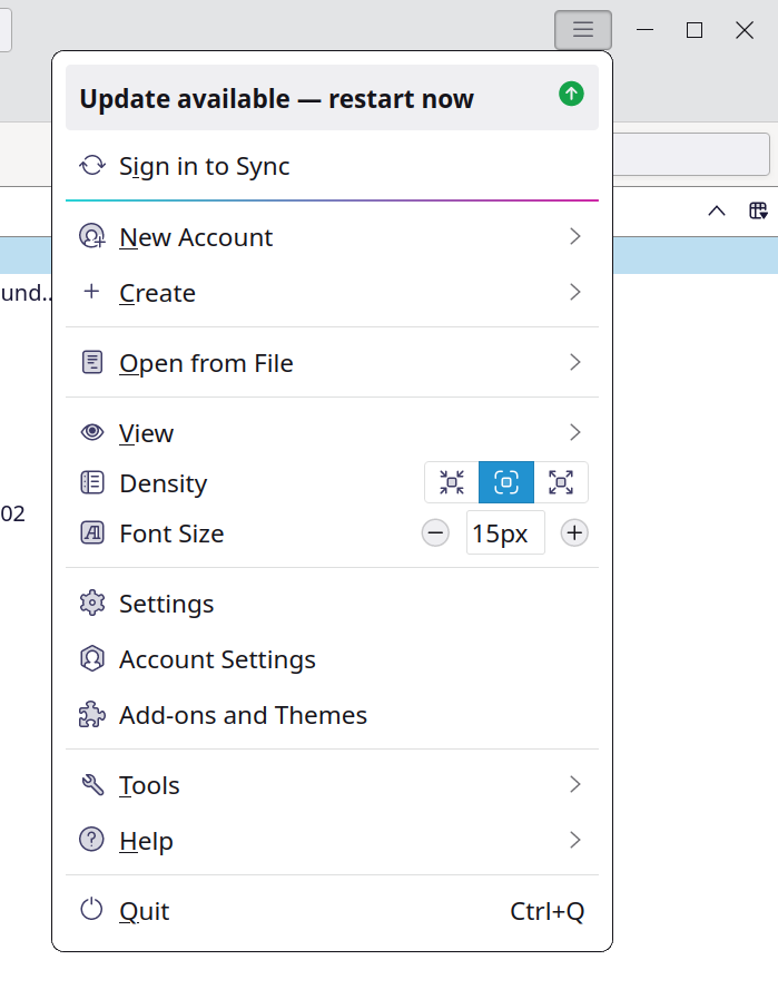 mozthunderbird's tweet photo. A recent Thunderbird Daily build introduced a nice, subtle change to the Application menu, aligning it with the window action buttons. And a small green dot indicates that an update is available. 

Thoughts? 

(PSA: Daily should be considered "Alpha" software for testing only) https://t.co/MA9BM9knhY
