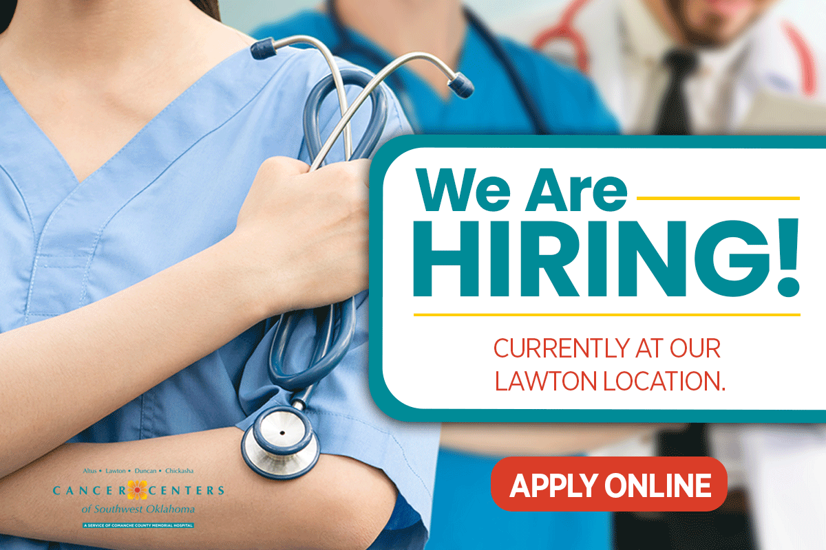 CCSWOK's tweet image. NOW HIRING! The Cancer Centers of SWOK is currently hiring at our Lawton clinic location! Apply online! bit.ly/3z8QiDK
Open positions include:
-Scheduler for Medical Oncology
-Scheduler for Dermatology
-LPN for Dermatology and Medical Oncology
-Dosimetrist