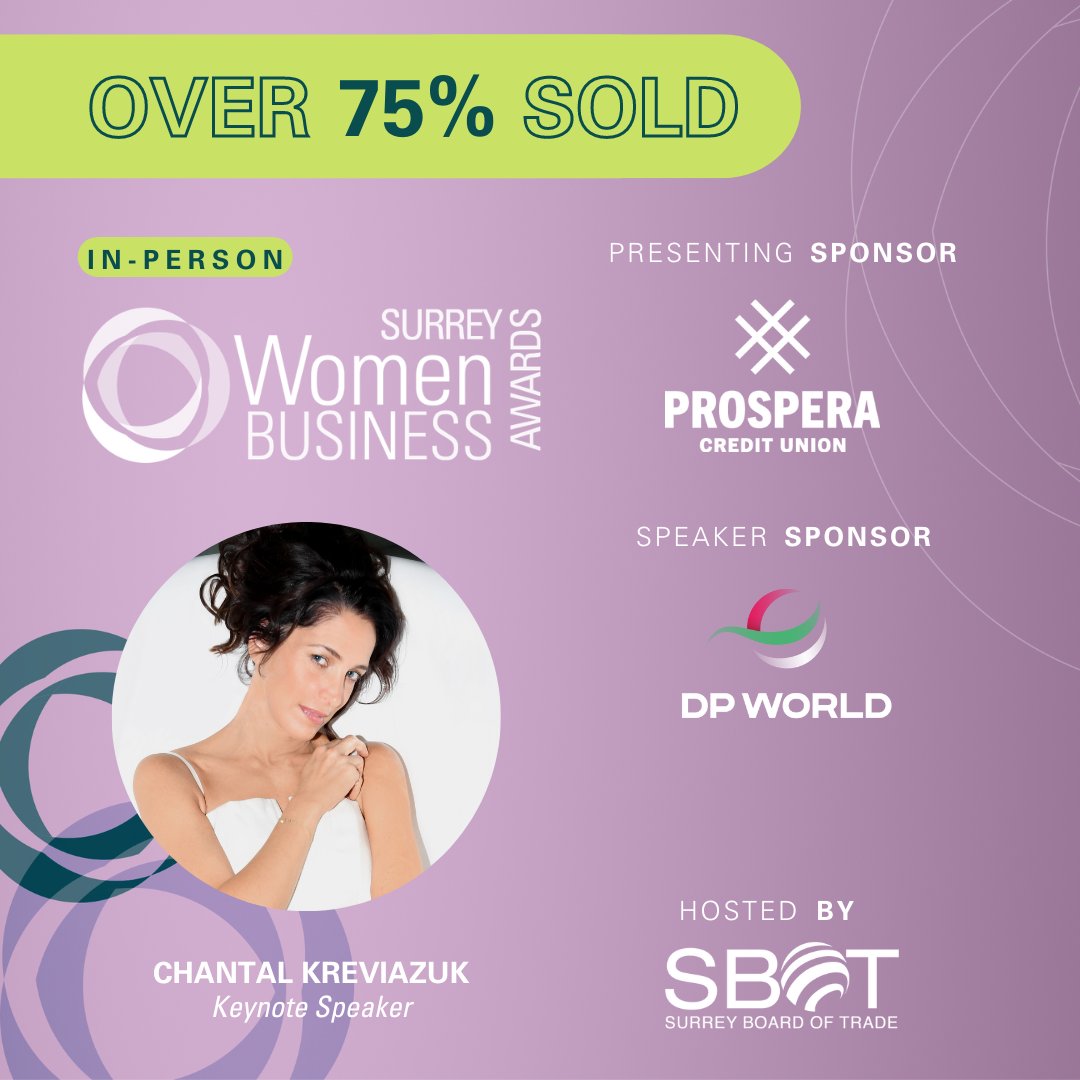 Not many tickets remain for the #SurreyBC Women in Business Awards, sponsored by <a href="/ProsperaCU/">ProsperaCreditUnion</a> on March 10! Thrilled to have Chantal Kreviazuk joining us as keynote speaker. Our thanks to @DpworldCanada for their speaker sponsorship!

Register: ow.ly/t7uC50MTGLs
