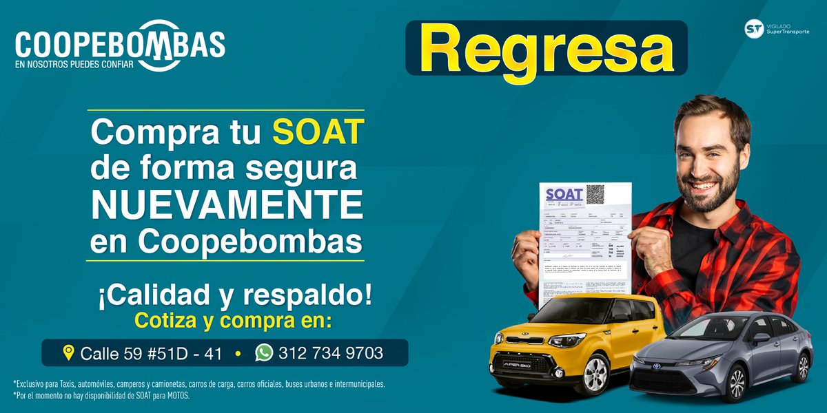 TaxCoopebombas's tweet photo. YA puedes comprar nuevamente tu SOAT de forma SEGURA en Coopebombas.
Cotiza y compra por WhatsApp ✅
https://t.co/LMazNiSFyU
¡Calidad y respaldo!
#soat #Coopebombas #soatcarro #soatmedellin #soatcolombia #soatantioquia #Antioquia #medellin #soatseguro #segurosoat https://t.co/PttcAwVxS1