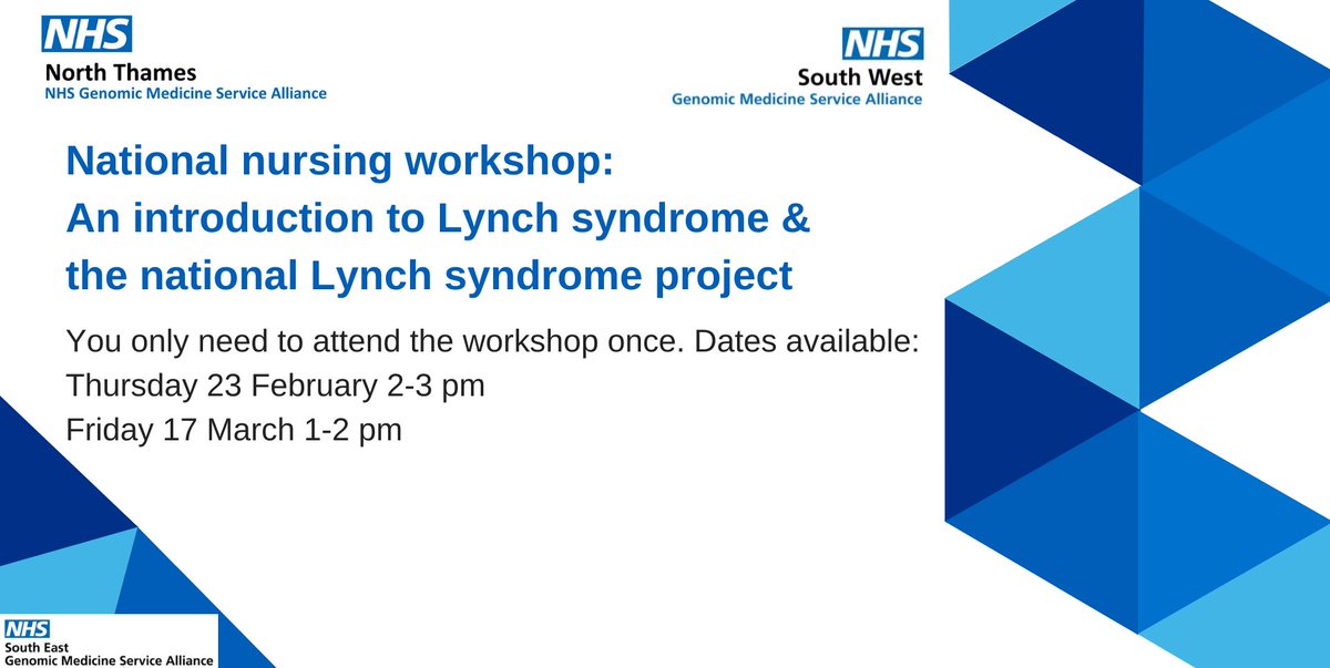 An introduction to Lynch syndrome &amp; the national Lynch syndrome project

📅 Thursday 23rd Feb 2-3pm
📅 Friday 17th March 1-2pm

Agenda: intro to Lynch syndrome / the testing pathway / role of the nurse

Find out more &amp; register: bit.ly/3K4MU2d