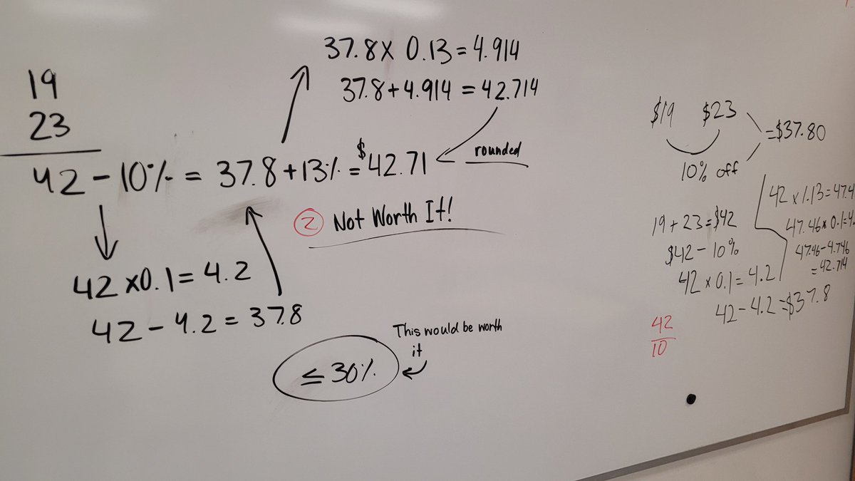 DanScholtzWCDSB's tweet image. Today in #MTH1W 
Started with a #NumberString with mental math in percents. 

Discussed good financial decisions involving discounts, tax, bulk, expiry dates at the board given &quot;a student who wanted to buy perfume&quot;.