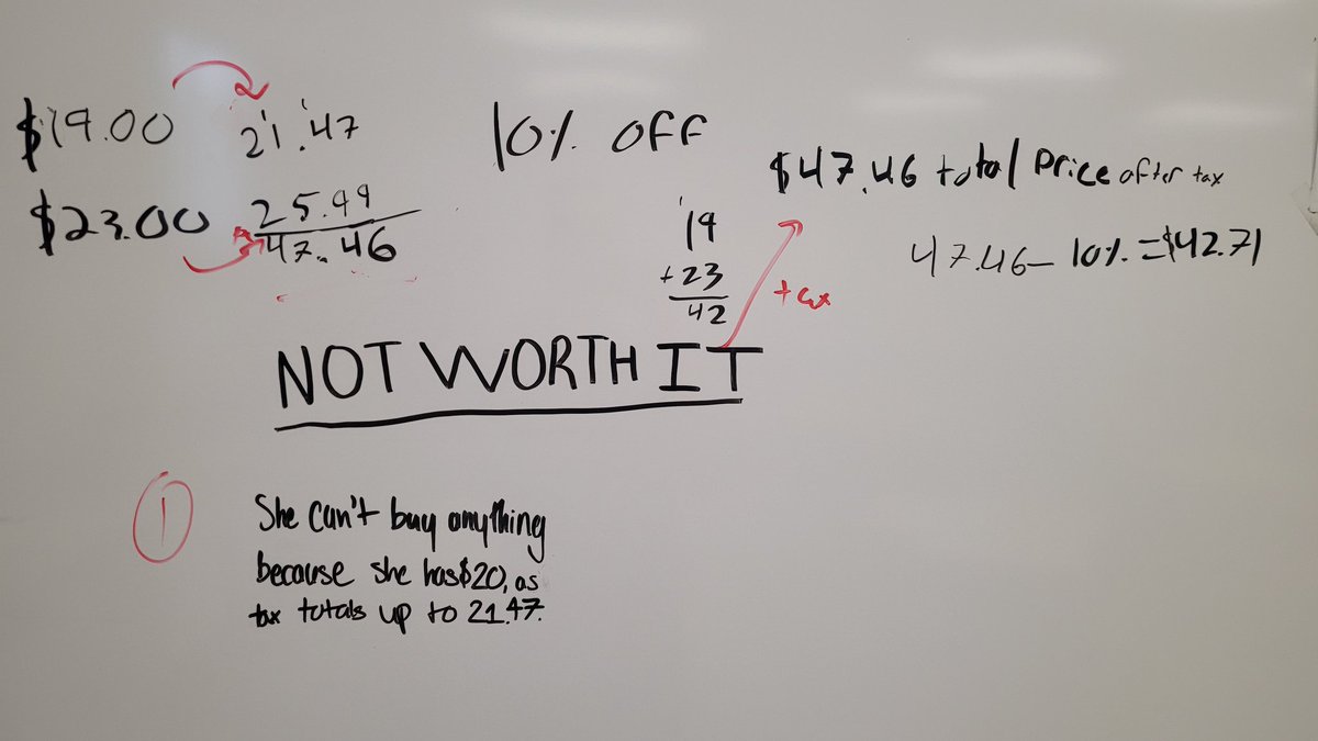 DanScholtzWCDSB's tweet image. Today in #MTH1W 
Started with a #NumberString with mental math in percents. 

Discussed good financial decisions involving discounts, tax, bulk, expiry dates at the board given &quot;a student who wanted to buy perfume&quot;.