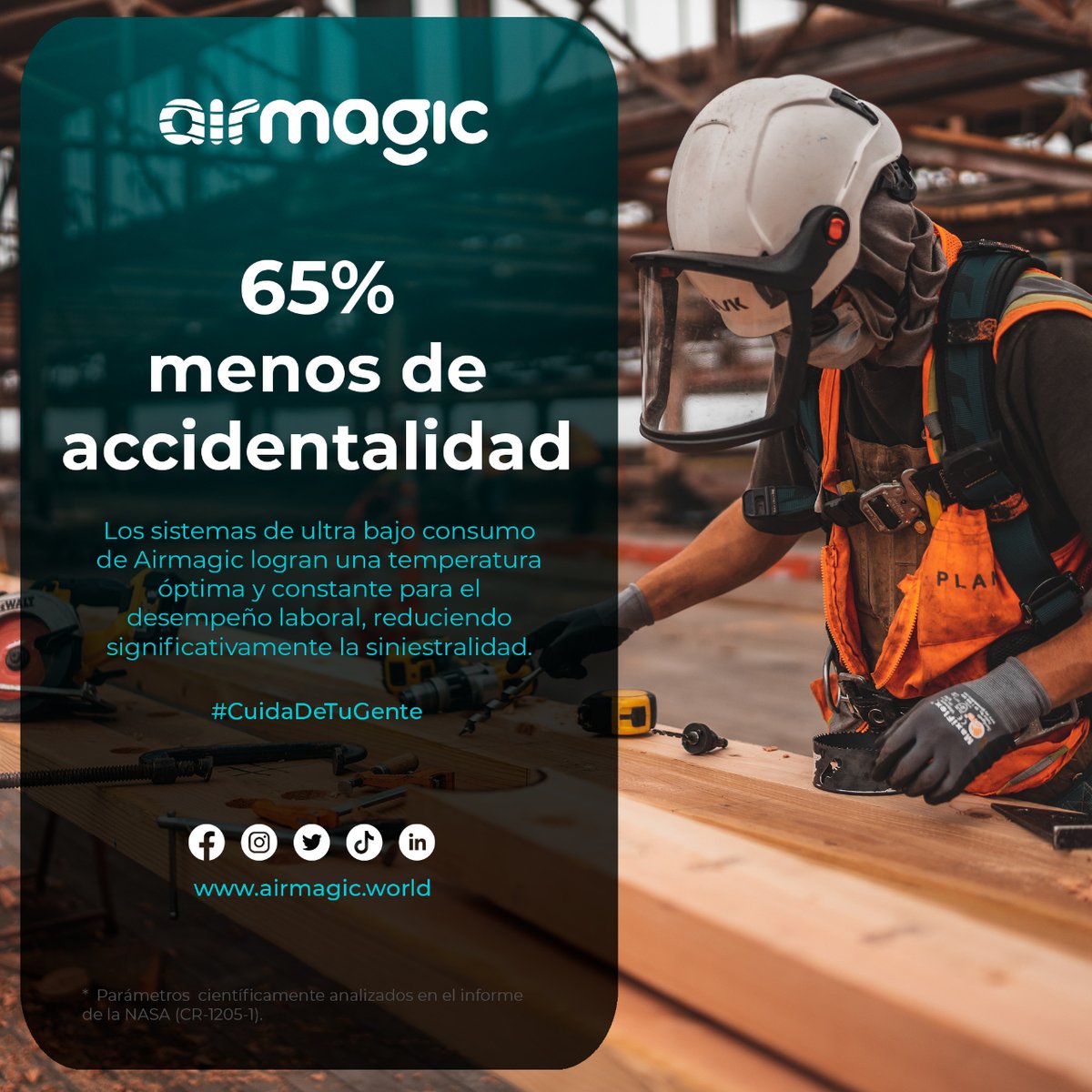 El calor es enemigo de la pericia laboral. Según la <a href="/NASA_es/">NASA en español</a>, a mayor calor, más fallos humanos... y con los errores llegan los accidentes. 
Nuestro sistema #adiabático logra una temperatura óptima para el desempeño laboral, reduciendo la #SiniestralidadLaboral. #CuidaDeTuGente