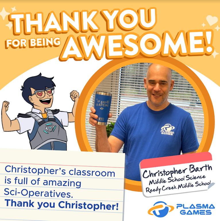 playplasmagames's tweet photo. Chris uses Plasma Games since his students love the game-based learning, the science of how to pick the right elements to for the gear, &amp; the difficulty. His student said,  "You have to be careful and can't just guess." Thank you Chris for being an avid user! @WCPSS @barthcreek https://t.co/f0kL717kUO