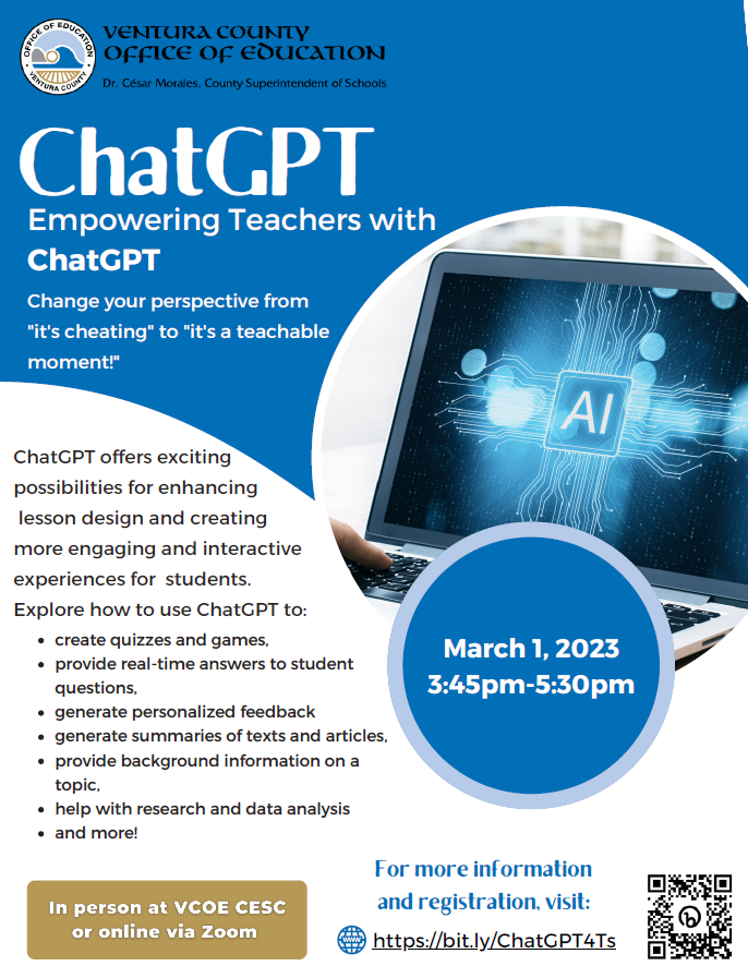 If you're a teacher concerned about ChatGPT, find out how it can be used as a teaching tool instead of a way to cheat. Attend this free VCOE workshop virtually or in person in Camarillo on Weds., March 1, 2023. Register today at buff.ly/40VtkLX