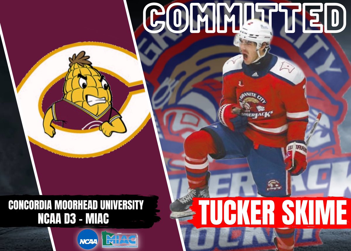 Congrats to forward, Tucker Skime on his most recent commitment to play at Concordia-Moorhead University!

Skime has played in 128 total games for the Lumberjacks where he’s produced 126 points. He currently is 7th in All-Time Scoring for Granite City.