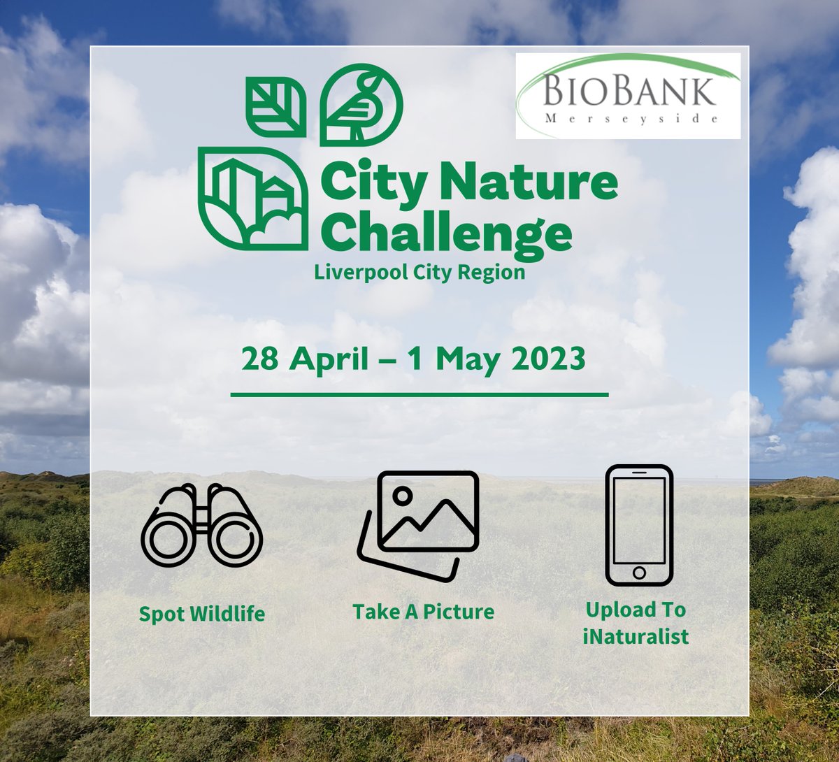 NMBiodiversity's tweet image. 🔎☘Save the date for the City Nature Challenge ☘🔍
Your sightings can be recorded anywhere in Sefton, Liverpool, Knowsley, St Helens, Wirral, and Halton via the free @inaturalistorg app 🐦📱
#citynaturechallenge #cnc23 #citizenscience #biologicalrecording #inaturalist