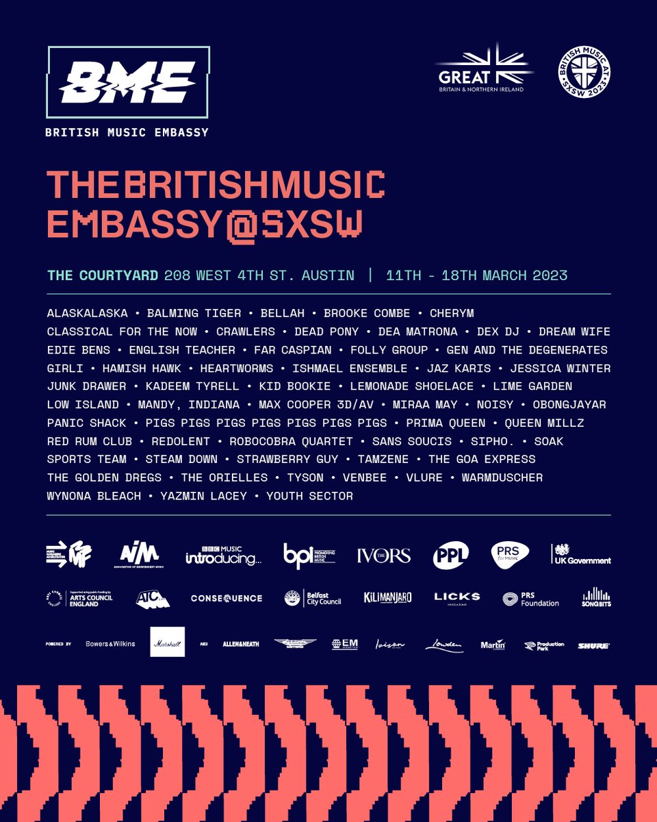 The @britishmusicbiz has announced the line-up for its @sxsw 2023 showcase, which we’re proud to support! Taking place 12–19 March, the showcase features some of the best new UK music including @warmduscherr , @Yazmin_Lacey and @Englishteac_her Lineup: thebritishmusicembassy.com