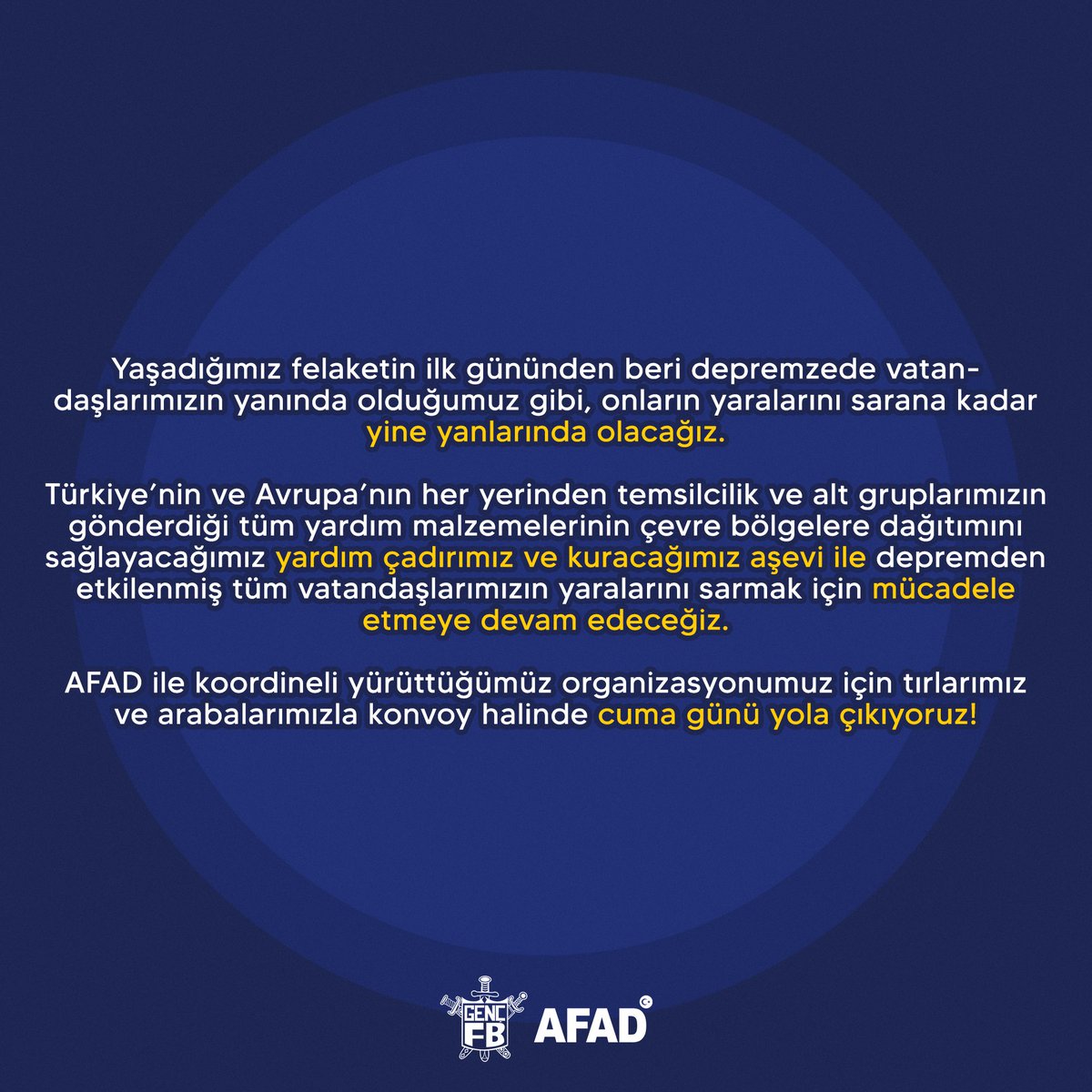 GFB ÇADIRSEMT’İ HATAY’DA KURUYORUZ.

Üllemizin her yerinden gönderdilen tüm yardım malzemelerinin çevre bölgelere dağıtımını sağlayacağımız, kuracağımız çadırlarımız ve aşeviyle depremden etkilenmiş tüm vatandaşlarımızın yaralarını sarmak için mücadele etmeye devam edeceğiz.