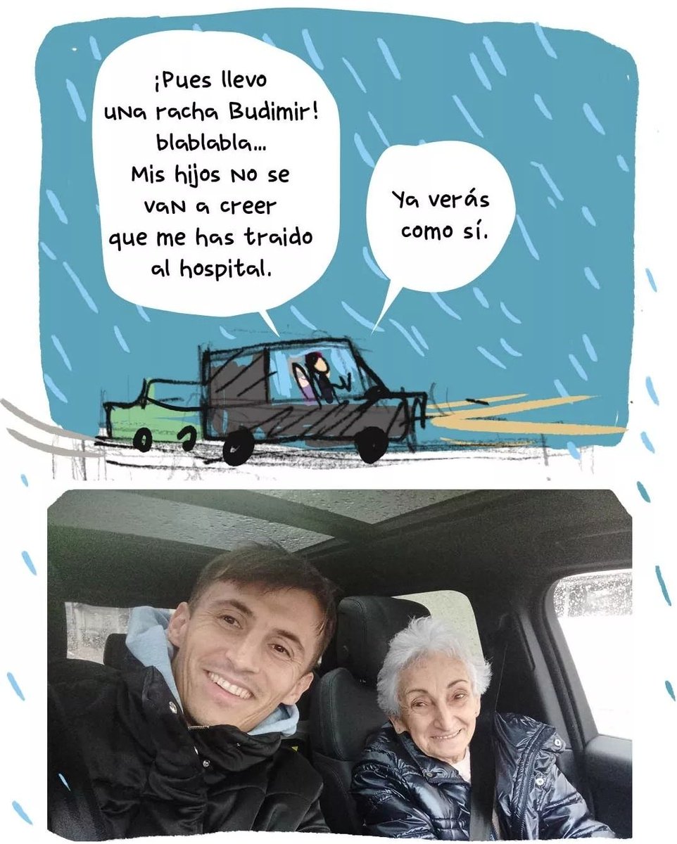 Hace unos días a Budimir se le acercó Mari Carmen, de 78 años, en una calle de Pamplona. Necesitaba ir al hospital, el taxi no llegaba y le preguntó si podía acercarla. El delantero de Osasuna no dudó. 

Así lo cuenta Myriam, hija de Mari Carmen, en ilustraciones en su Instagram.