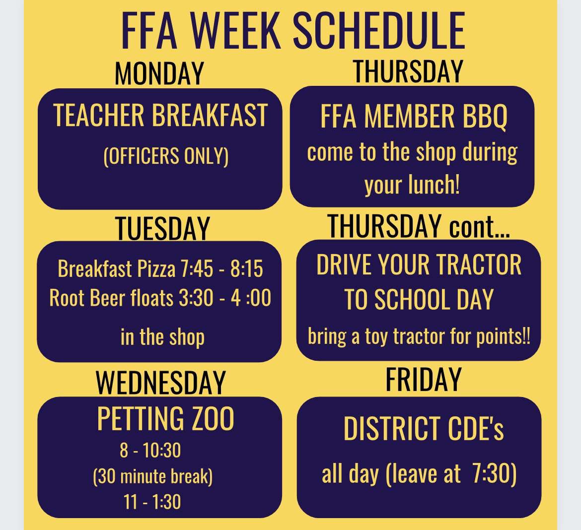 Here is the schedule for National FFA Week Activities! (Feb. 20-24) We cannot wait for the best week of the year!!
