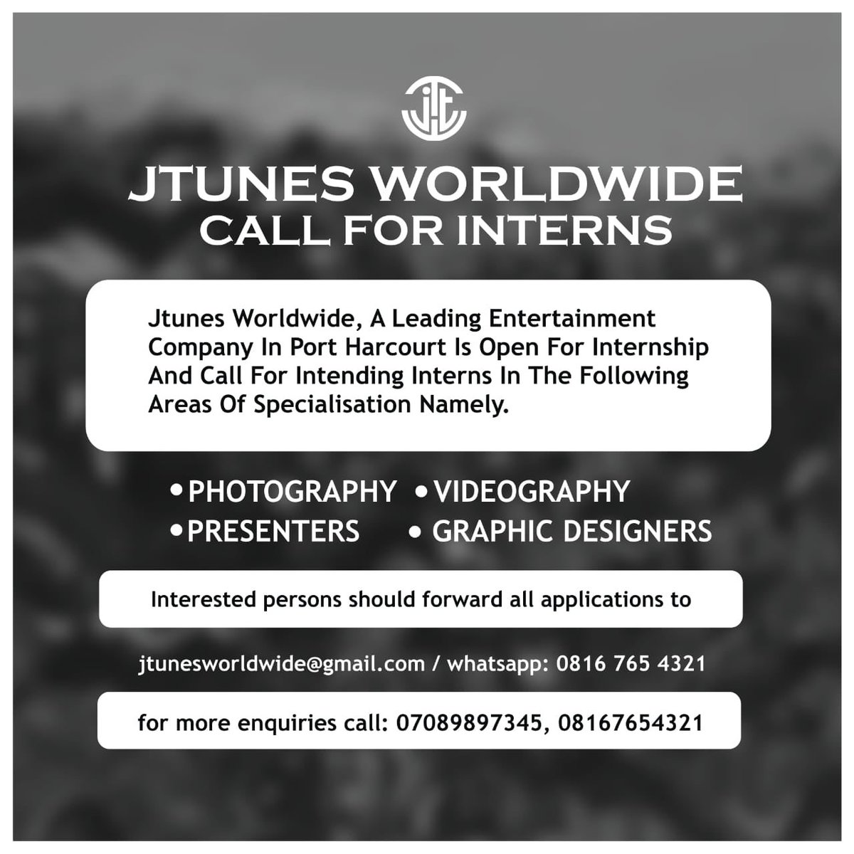 BenjaminEdema's tweet photo. Are you Ready to take Career to the next step?       Jtunes worldwide Calls for interns in

PHOTOGRAPHY
TV PRESENTING
GRAPHIC DESIGNERS
VIDEOGRAPHY....... Interested persons should forward all applications to (Jtunesworldwide@gmail.com) https://t.co/d4vYNiVC0K
