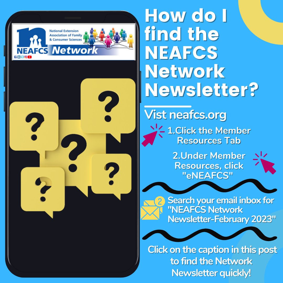 Have you read the latest issue of the NEAFCS Network Newsletter? Check out the graphic for quick instructions on locating the newsletter on our website! To jump straight to February's issue, visit bit.ly/3KdA5mk