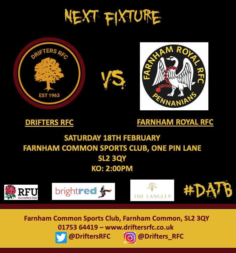 Drifters RFC (@driftersrfc) on Twitter photo 🌳🏉 ITS THE BIG ONE! 🏉🌳
Drifters welcome local rivals <a href="/farnhamroyalrfc/">Farnham Royal Rugby Club</a> to One Pin Lane this Saturday in a top of the table clash!
Winner takes top spot! 🥇
📍- One Pin Lane, SL2 3QY
⏰ - 2pm KO
🗓️ - Saturday 18th February
🏆 - Counties 4 Tribute BBO
#DATB 🌳🏉 ITS THE BIG ONE! 🏉🌳
Drifters welcome local rivals <a href="/farnhamroyalrfc/">Farnham Royal Rugby Club</a> to One Pin Lane this Saturday in a top of the table clash!
Winner takes top spot! 🥇
📍- One Pin Lane, SL2 3QY
⏰ - 2pm KO
🗓️ - Saturday 18th February
🏆 - Counties 4 Tribute BBO
#DATB