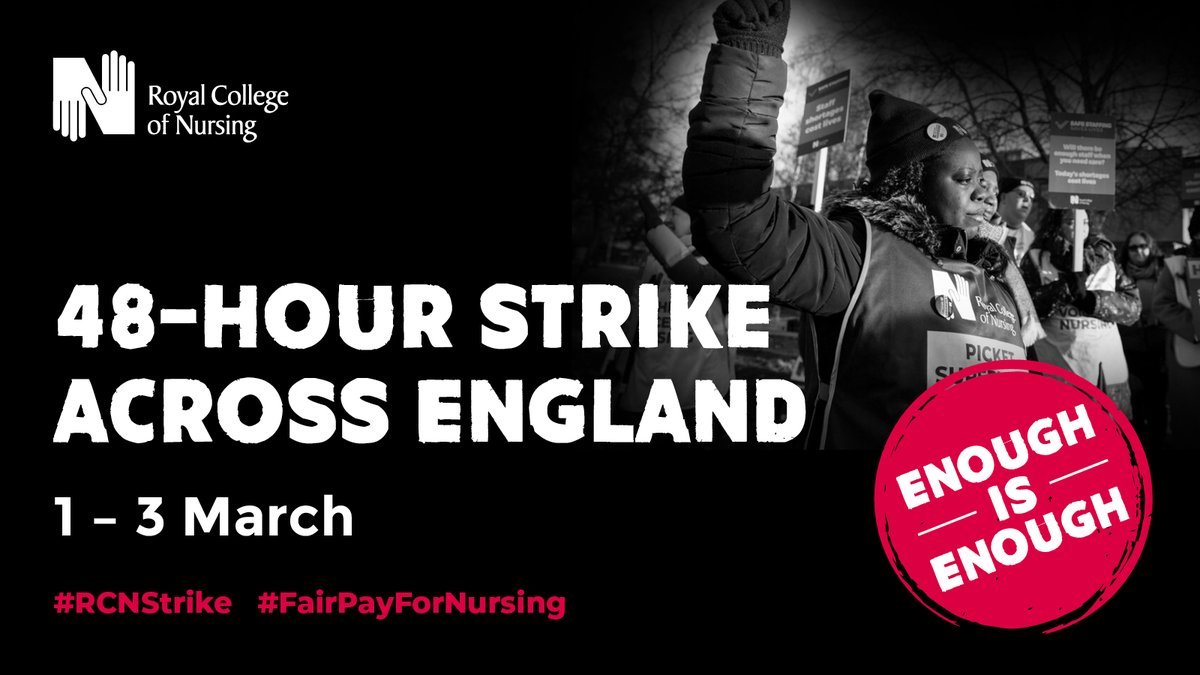 ANNOUNCEMENT:

48-hr, non-stop strike from 1-3 March across England without derogations. Members in 128 Trusts should withdraw their labour. 

Strike benefit payments will be significantly higher to support you in this fight.

Read more: bit.ly/3YR5ek5
#FairPayForNursing