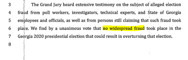 jamiedupree's tweet photo. From the special grand jury report in Georgia:  "We find by a unanimous vote that no widespread fraud took place in the Georgia 2020 presidential election that could result in overturning that election." https://t.co/v7SPX48IDE