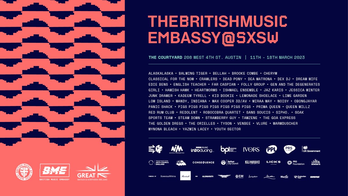 The @britishmusicbiz has announced the line-up for its @sxsw 2023 showcase, which we’re proud to support! Taking place 12–19 March, the showcase features some of the best new UK music including @warmduscherr, @Yazmin_Lacey and @Englishteac_her More info: thebritishmusicembassy.com