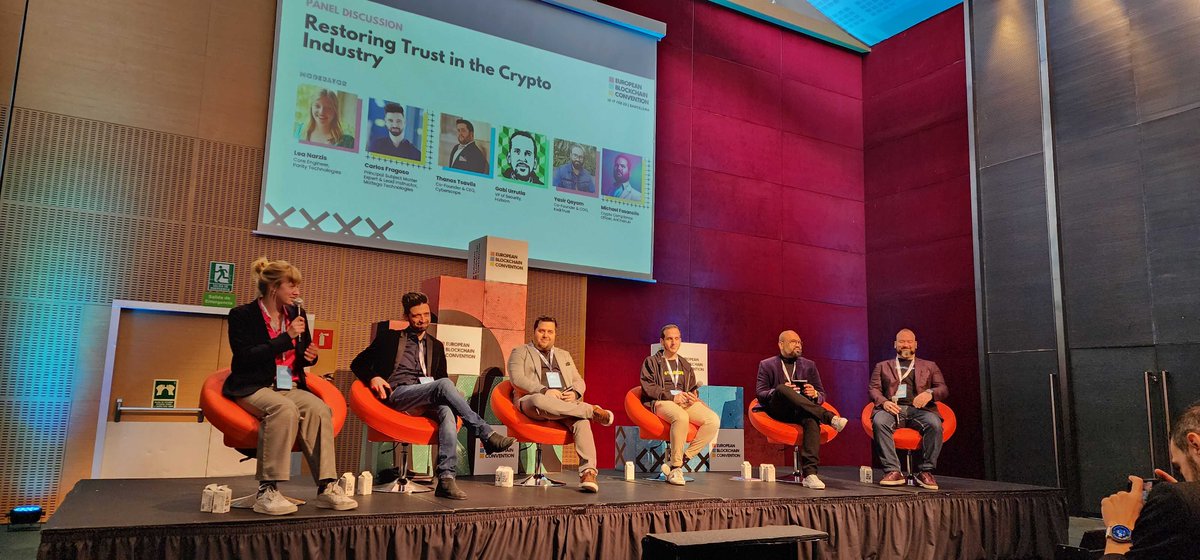 📸 Day 2 of European Blockchain Convention in Barcelona, Spain 🇪🇸 

Interesting discussion about 'Restoring Trust in the #Crypto Industry'🎙 with our VP of Security @urruts, @paritytech, @MaltegoHQ, @KwikTrust, @AnChainAI🎙️

#EBC2023