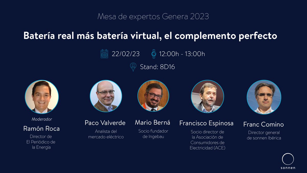 sonnen_es's tweet photo. 📢 Mesa de expertos de sonnen en GENERA 2023.

👏 Os invitamos el próximo 22/02 a las 12:00h en #GENERA2023, a la sesión de #sonnen impartida por expertos del sector energético, con el título "Batería real más batería virtual, el complemento perfecto".

#energyisyours #baterías https://t.co/blAwN8Mueh