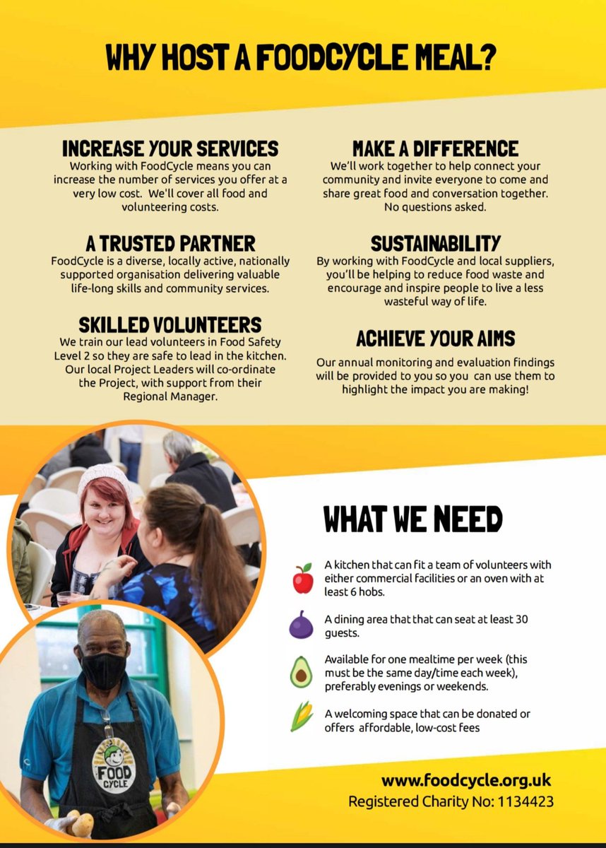 MathewMilner's tweet photo. .@foodcycle is on the hunt for a venue to launch a 2nd Project in Sheffield following fantastic support in Broomhall. 

We need a hall space, commercial-ish kitchen &amp; community links.

Our volunteers run a weekly 3 Course Meal FREE!

Know anywhere? Get in touch! 

Please Share! https://t.co/LnHDxc7KZ2