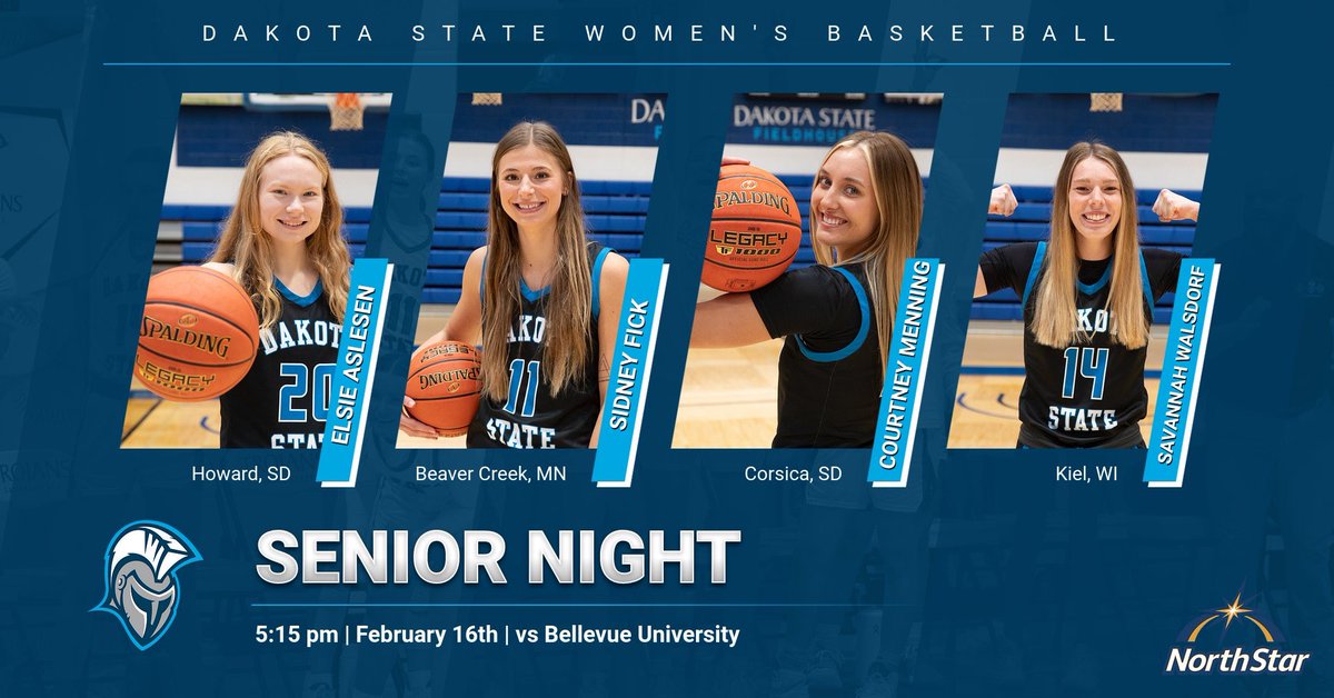 dakotastate_wbb's tweet photo. ‼️It’s SENIOR NIGHT‼️

👏Come out and support our seniors in our last regular season game!👏

📍 Madison, SD
⏰ 5:15 PM
🏀 vs Bellevue 
📺 https://t.co/m6VCBalydk

#TrojansWBB #FastFreeFun #ItTakesHEART https://t.co/XKYZ1lJLCz