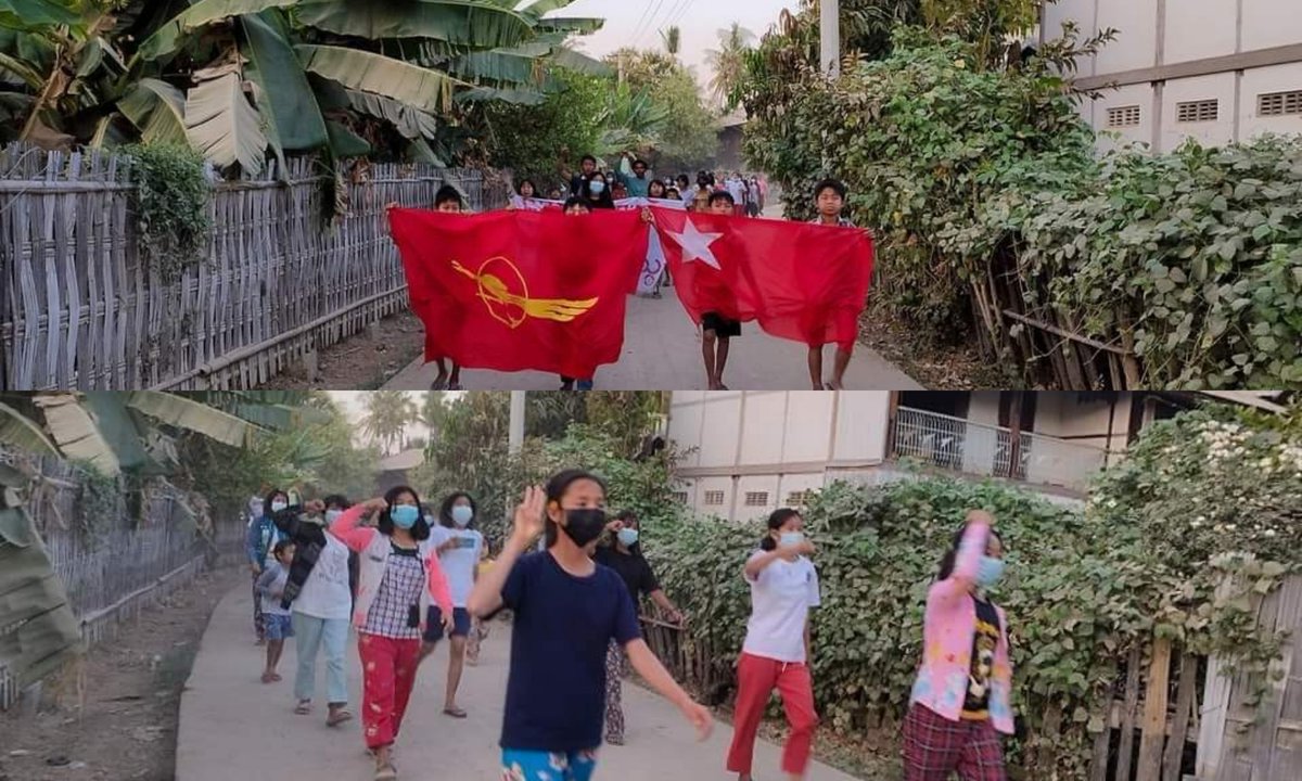 An anti-coup revolutionary protest somewhere in Sagaing region.

#2023Feb16Coup #WhatsHappeningInMyanmar