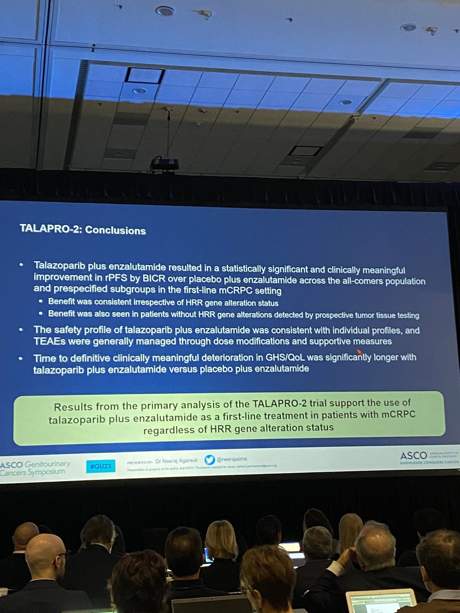 Fernando Sabino, MD, PhD (@fsabino_onco) on Twitter photo Congrats to <a href="/neerajaiims/">Neeraj Agarwal, MD, FASCO</a> for the interesting data and presentation of TALAPRO-2 trial. Talazoparib + Enzalutamide improve rPFS regardless HRR status. However OS benefit is pending and toxicity is a critical issue (72% G3/4 AE, 19% treatment discontinuation)… <a href="/OncologyBio/">BIO - Brazilian Information Oncology</a> #GU23 Congrats to <a href="/neerajaiims/">Neeraj Agarwal, MD, FASCO</a> for the interesting data and presentation of TALAPRO-2 trial. Talazoparib + Enzalutamide improve rPFS regardless HRR status. However OS benefit is pending and toxicity is a critical issue (72% G3/4 AE, 19% treatment discontinuation)… <a href="/OncologyBio/">BIO - Brazilian Information Oncology</a> #GU23