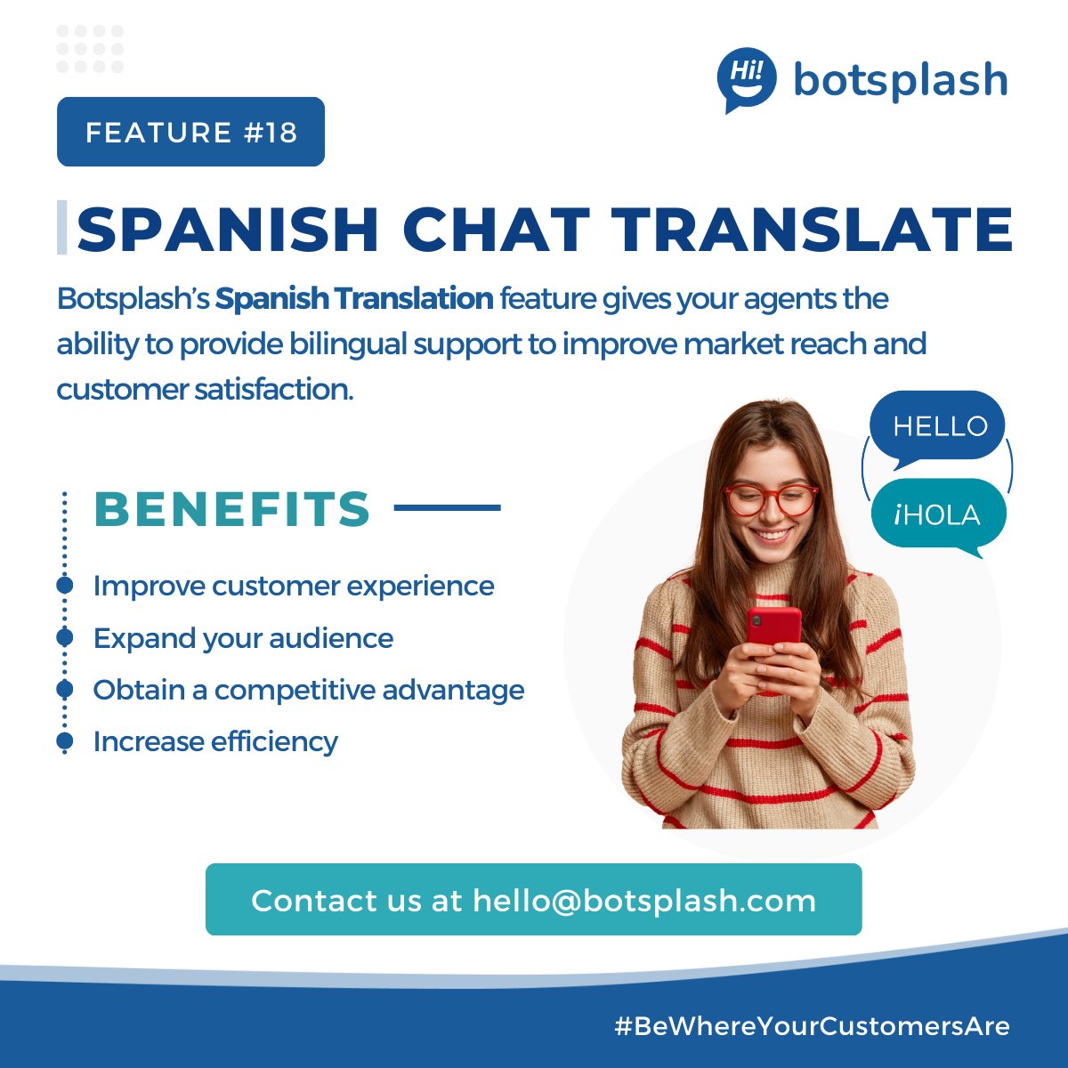 botsplash_'s tweet photo. Botsplash's 'Spanish Translation' feature comes with numerous benefits. To learn how to generate more leads using it or for further inquiries, message us!  
.
.
.
.
#Translation #Language #BotsplashFeature #CustomerRelationship https://t.co/7ZX9sKEUA2