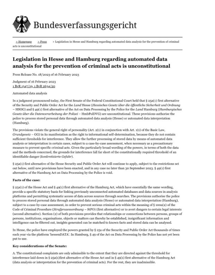 German Constitutional Court strikes down predictive policing algorithms. See lnkd.in/eDRM3krK.

The Constitutional Court declared the use of Palantir surveillance software by police in Hesse and Hamburg unconstitutional.

Here's the decision: lnkd.in/e4nmbVjh.