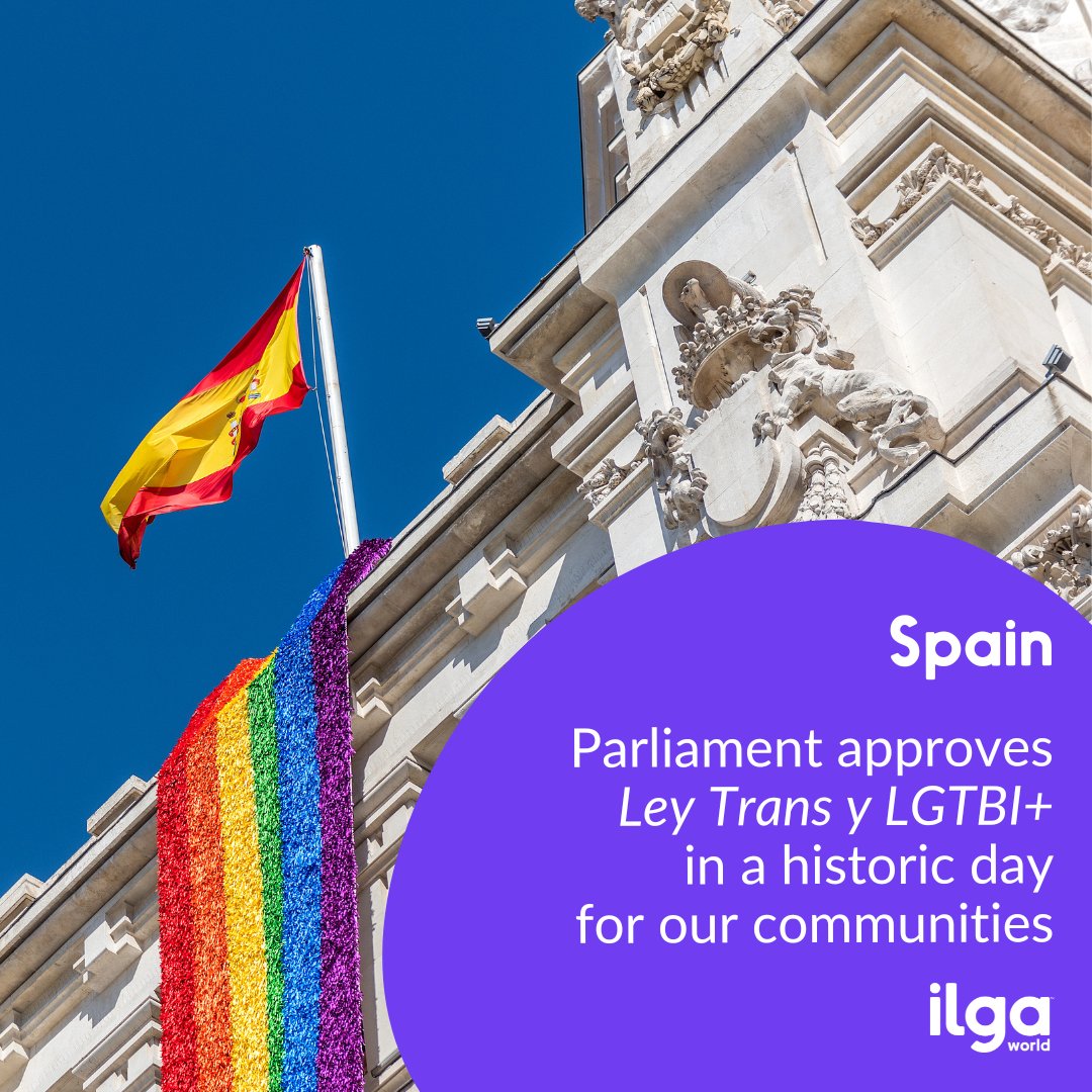 It’s a big day for LGBTI people in Spain! Parliament passed the #LeyTransLGTBI including
- Legal gender recognition based on self-determination for all aged 14+
- Equal parenthood rights for lesbian mothers
- A ban on intersex genital mutilation
- A ban on "conversion therapies"