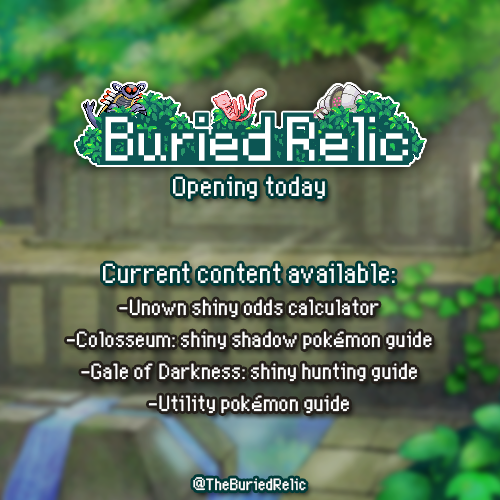 Hello world! Today the Buried Relic opens its gates, a pokémon fan site seeking to spread knowledge through guides, tools, and other resources. Here's a list of the current available content, and stay tuned for more. Hope it's useful for everyone!

🔗buriedrelic.neocities.org