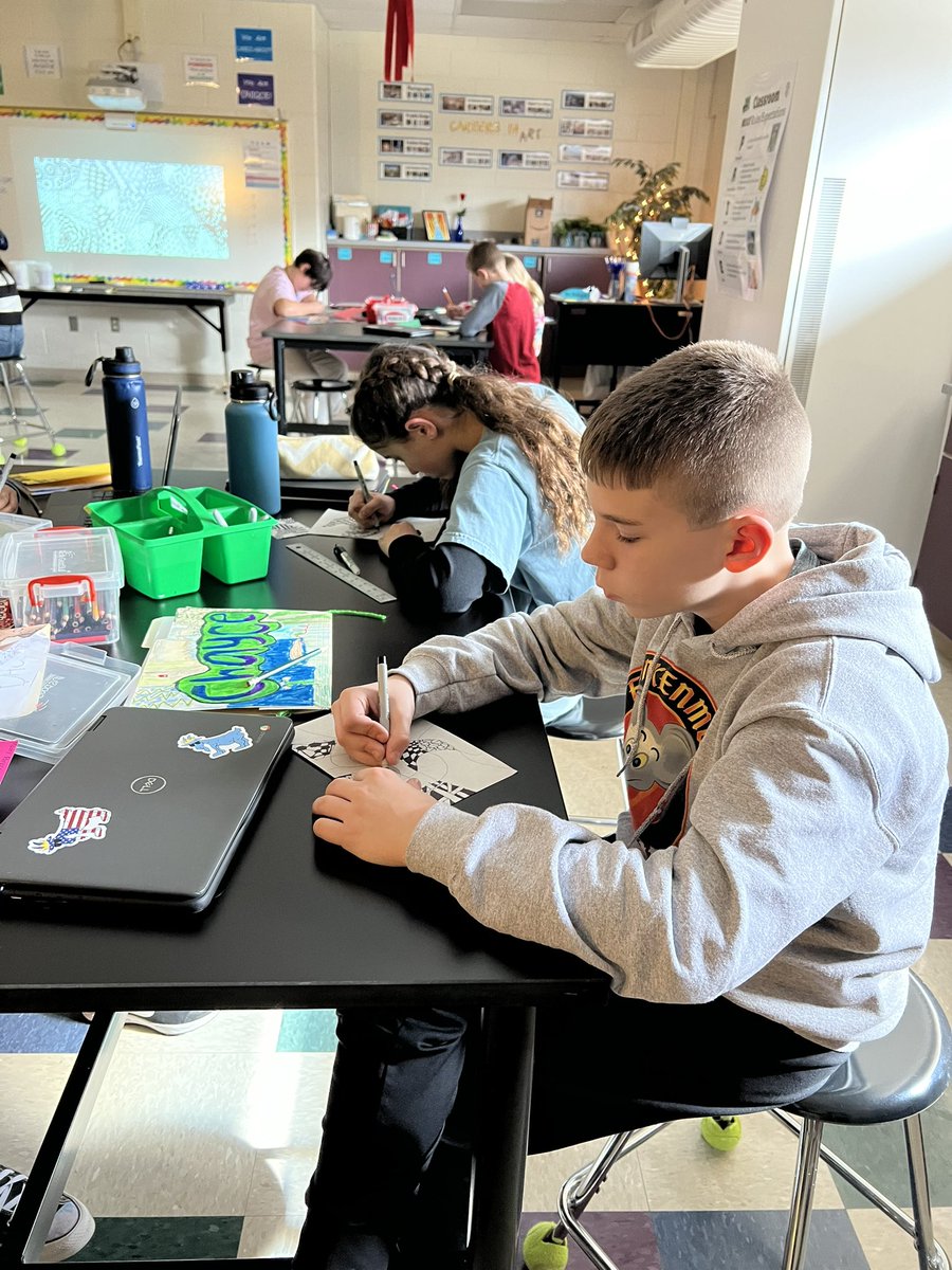 macdougallannie's tweet photo. Getting Zen in Art. The 6th graders practiced mindfulness in art as they created Zen Tangles. They learned to be present in their work and how to use hatching, crosshatching, and pointillism as techniques to create values of gray using sharpie marker. 💚🤍🎨@NCSD @NoviK6Electives https://t.co/BPknplgjaN