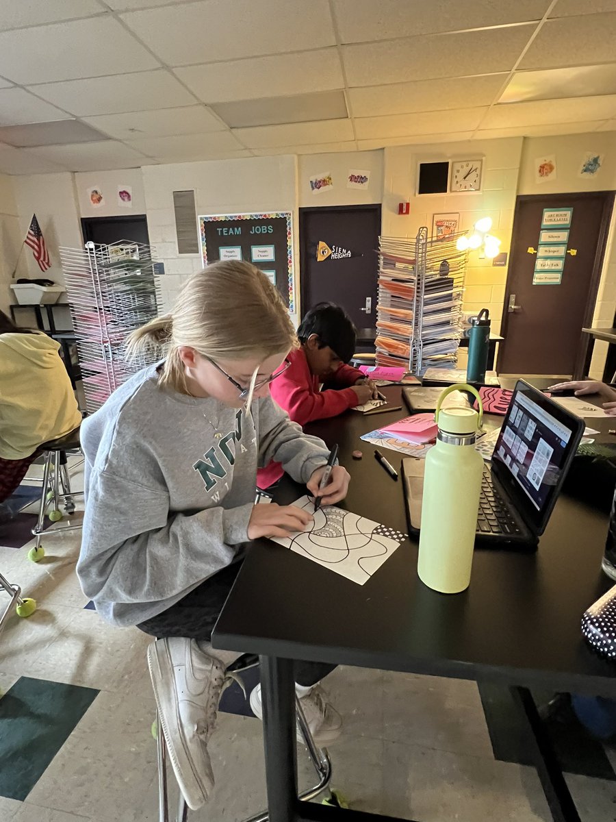 macdougallannie's tweet photo. Getting Zen in Art. The 6th graders practiced mindfulness in art as they created Zen Tangles. They learned to be present in their work and how to use hatching, crosshatching, and pointillism as techniques to create values of gray using sharpie marker. 💚🤍🎨@NCSD @NoviK6Electives https://t.co/BPknplgjaN