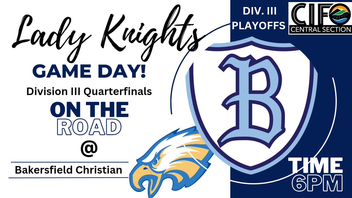 bhsladyknights's tweet photo. It's Game Day!!!!
The Lady Knights are excited for the challenge of taking on the #1 Seed Bakersfield Christian Eagles. #TakeCareOfBusiness @BullardSports @BHSKnights55 https://t.co/DkxYLS8j1W