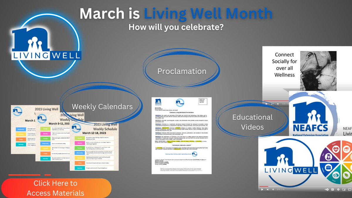 The NEAFCS Public Affairs Advocacy Committee has put together some great resources for the 2023 Living Well Month! Every March we celebrate Living Well through educational and inspirational ideas/resources.
Visit neafcs.org/living-well-mo… to access all of these materials and more!!