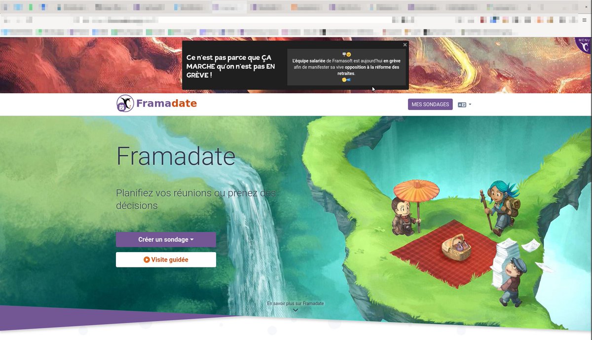 Aujourd'hui, les salarié⋅es de Framasoft étaient en grève contre le projet de réforme des retraites.

Comme "débrancher" nos services n'auraient pas aidé les grévistes d'autres secteurs, nous avons affiché notre position sur l'ensemble de nos sites.