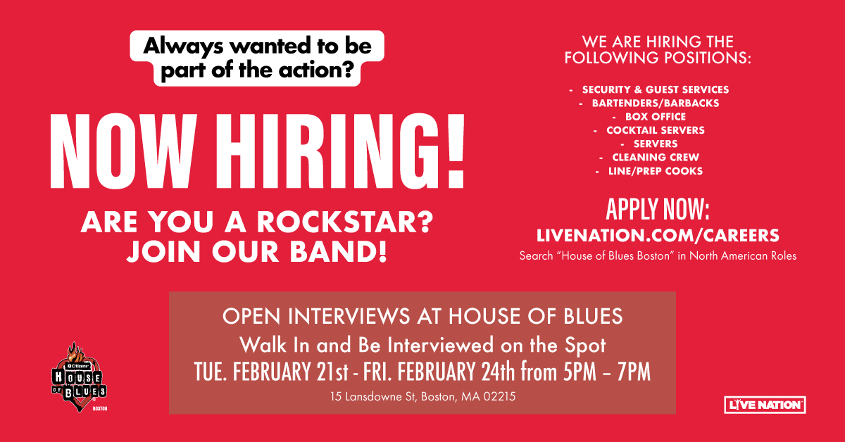 Brighton_Music's tweet photo. Calling all rockstars! 🤘 Citizens House of Blues Boston is hiring and having Open Interviews!

📍: 15 Lansdowne St, Boston, MA
📆: Tuesday 2/21 - Friday 2/24
⌚: 5-7PM

Or apply at https://t.co/Jp5rqnvuSQ

#careers #werehiring #jobsearch #applynow #openinterviews https://t.co/hP0lAl6OgU