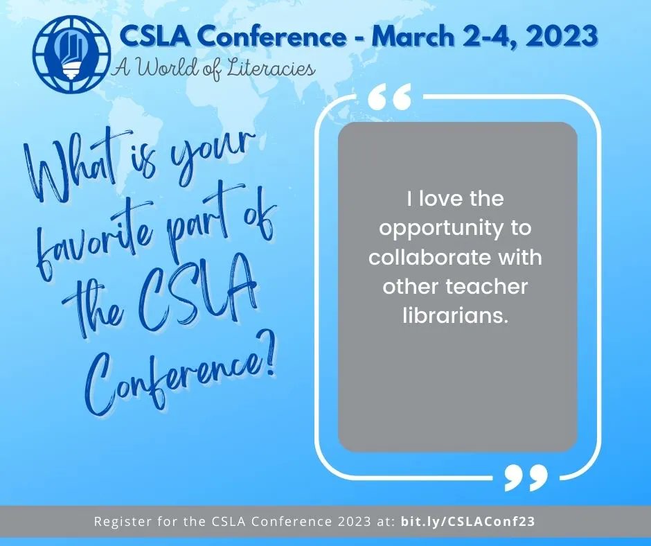 4csla's tweet image. Collaboration opportunities abound at the #CSLAConference! 
Gather together with other library professionals from around the state to share your ideas and enthusiasm! 
Register today at buff.ly/3LpPLBt
#4csla #BetterTogether #ProfDev #SchoolLibraries #librarytwitter