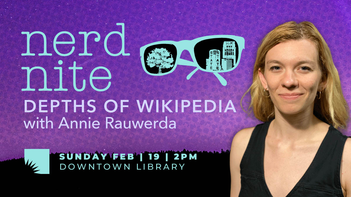 aadl's tweet photo. Join AADL for Nerd Nite–Sunday (Feb. 19) at 2pm at the Downtown Library. Annie Rauwerda, creator of @DepthsofWikipedia on Instagram, guides us through Wikipedia. The Library intends to provide a live stream of this event pending the presenter's permission: https://t.co/laSKiztBVl https://t.co/ATpeVXUfxJ