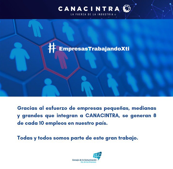Gracias al esfuerzo de las empresas pequeñas, medianas y grandes que integran a #CANACINTRA, se generan 8 de cada 10 empleos en #México. 🇲🇽

Todos somos parte de este gran trabajo.

#MiPyMEs #EmpresasTrabajandoXti #VozdelasEmpresas 

Más detalles en: 📲 vozdelasempresas.org