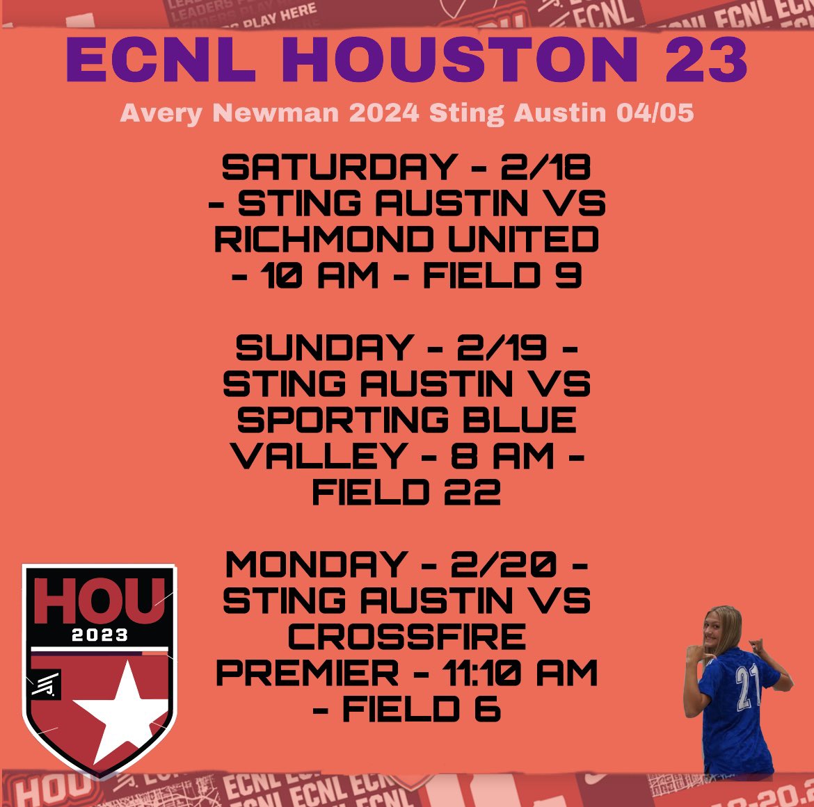 Avery Newman (@averyynewman) on Twitter photo ONE DAY OUT from #ECNLHOU 23 event⚡️ So excited to go there with my @stingaustin05 team so come watch us‼️
Schedule below⬇️⬇️⬇️ <a href="/TheECNL/">The ECNL</a> <a href="/EcnlTexas/">ECNL Girls Texas Conference</a> <a href="/ECNLgirls/">ECNL Girls</a> <a href="/StingSoccerClub/">Sting Soccer Club</a> <a href="/ImCollegeSoccer/">College Soccer Truth ™</a> <a href="/TheSoccerWire/">SoccerWire</a> ONE DAY OUT from #ECNLHOU 23 event⚡️ So excited to go there with my @stingaustin05 team so come watch us‼️
Schedule below⬇️⬇️⬇️ <a href="/TheECNL/">The ECNL</a> <a href="/EcnlTexas/">ECNL Girls Texas Conference</a> <a href="/ECNLgirls/">ECNL Girls</a> <a href="/StingSoccerClub/">Sting Soccer Club</a> <a href="/ImCollegeSoccer/">College Soccer Truth ™</a> <a href="/TheSoccerWire/">SoccerWire</a>