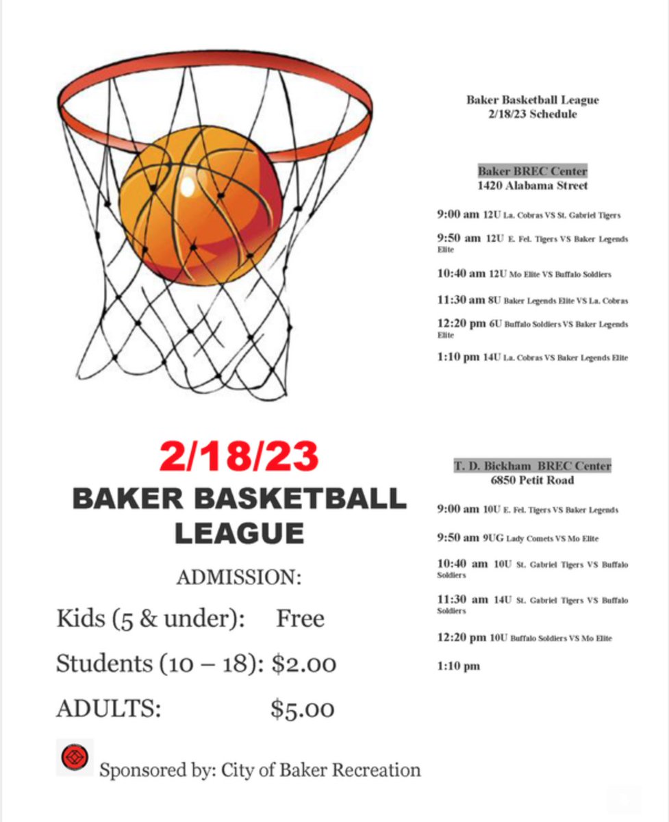 BakerCommerce's tweet image. Baker Basketball League 2/18/2023 Schedule &amp;amp; Info!
