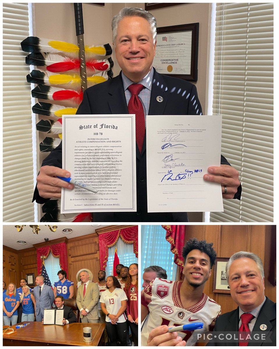 ChipLaMarca's tweet image. So, this just happened! 🖊️@GovRonDeSantis and Florida continue to lead in collegiate athletics and we are the leader in providing the best education and preparation for our athletes, from financial literacy to entrepreneurship training. They’ll be ready to built their brand. #NIL