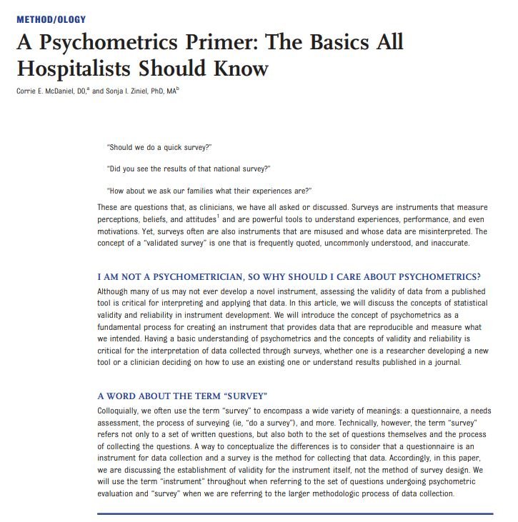 So you think you want to do a survey? 🙋‍♀️ In this 'Psychometrics Primer,' @CorrieErin & #SonjaZiniel review the basics that ALL hospitalists need to know! 📰: bit.ly/3IvwQVO #Hospitorial by @JessieAllanMD, #HospitalPediatrics Assistant Editor, Digital Media 1/12