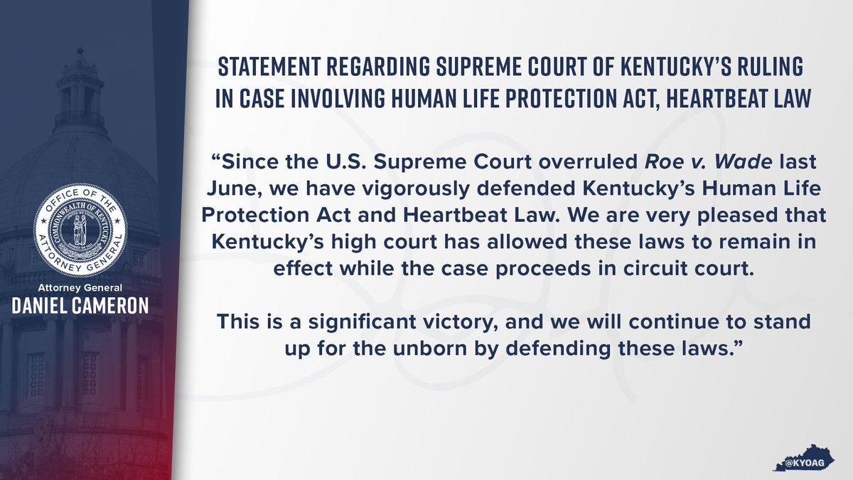 kyoag51's tweet photo. My statement regarding the Kentucky Supreme Court ruling in case involving the Human Life Protection Act and Heartbeat Law. https://t.co/eL9ROPqiyP
