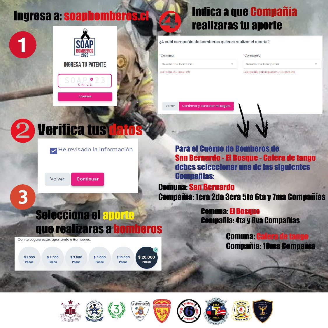Los invitamos a comprar su SOAP a través de soapbomberos.cl y elegir la comuna de san Bernardo y luego 7ma Compañía, con su ayuda y cooperación podemos seguir adelante! #soap #bomberos #ayudabomberos #bomberosdechile