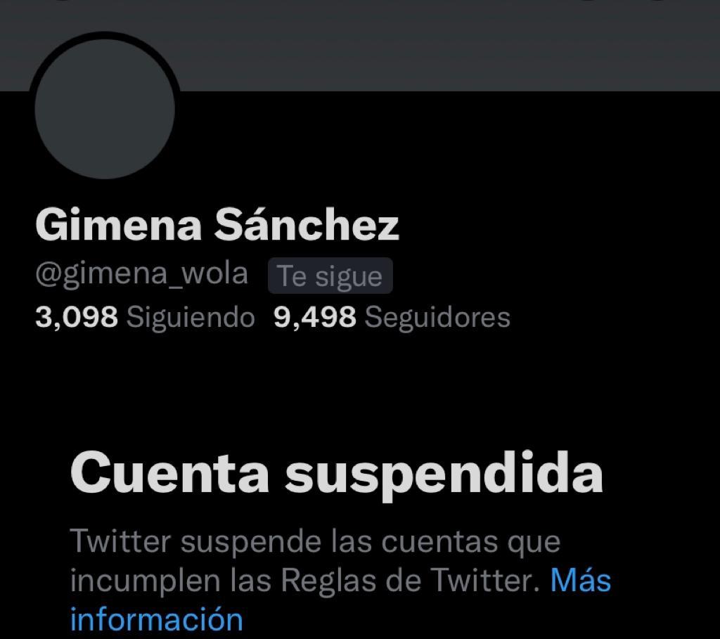 ⚠️<a href="/WOLA_org/">WOLA</a> reports that the Twitter account of Gimena Sánchez, our Director for the Andes, has been suspended - we hope that there will be a prompt recovery process

🔵 While the reasons remain unknown, we reiterate our commitment to promoting human rights in Colombia &amp; LatAm